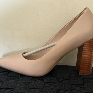 Cream Chunky Heels with Wooden Block Heel